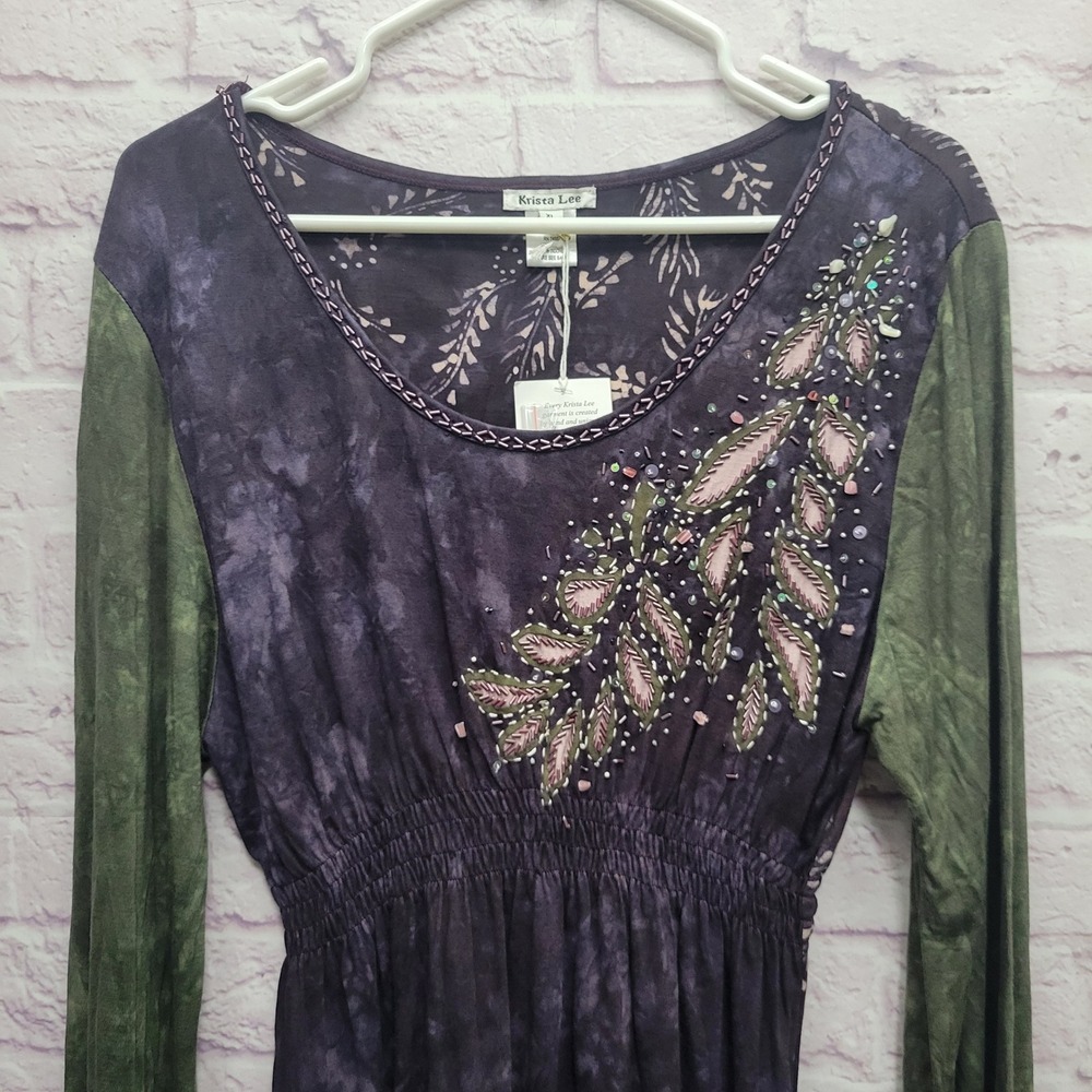 NEW Krista Lee Beaded Shift Dress Sz XL Long Sleeve Stretchy Boho Fairy Festival - Picture 2 of 9